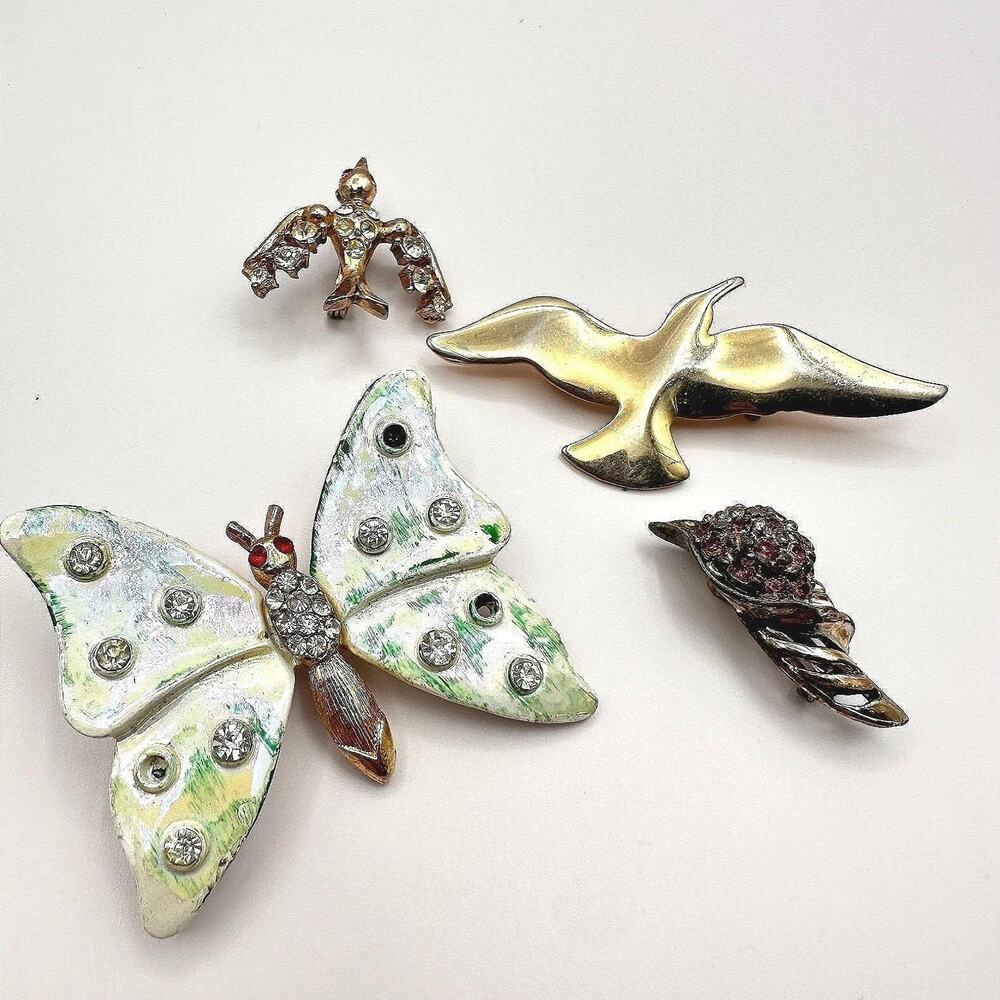 Vintage 80s Animal Bird Butterfly Brooch Pin Lot Rhinestone Enamel Retro Jewelry